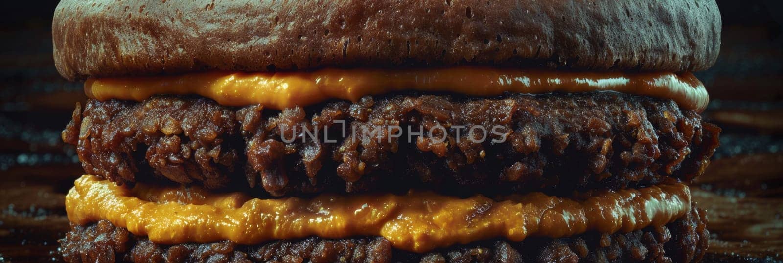 A close up of a large hamburger with cheese and sauce