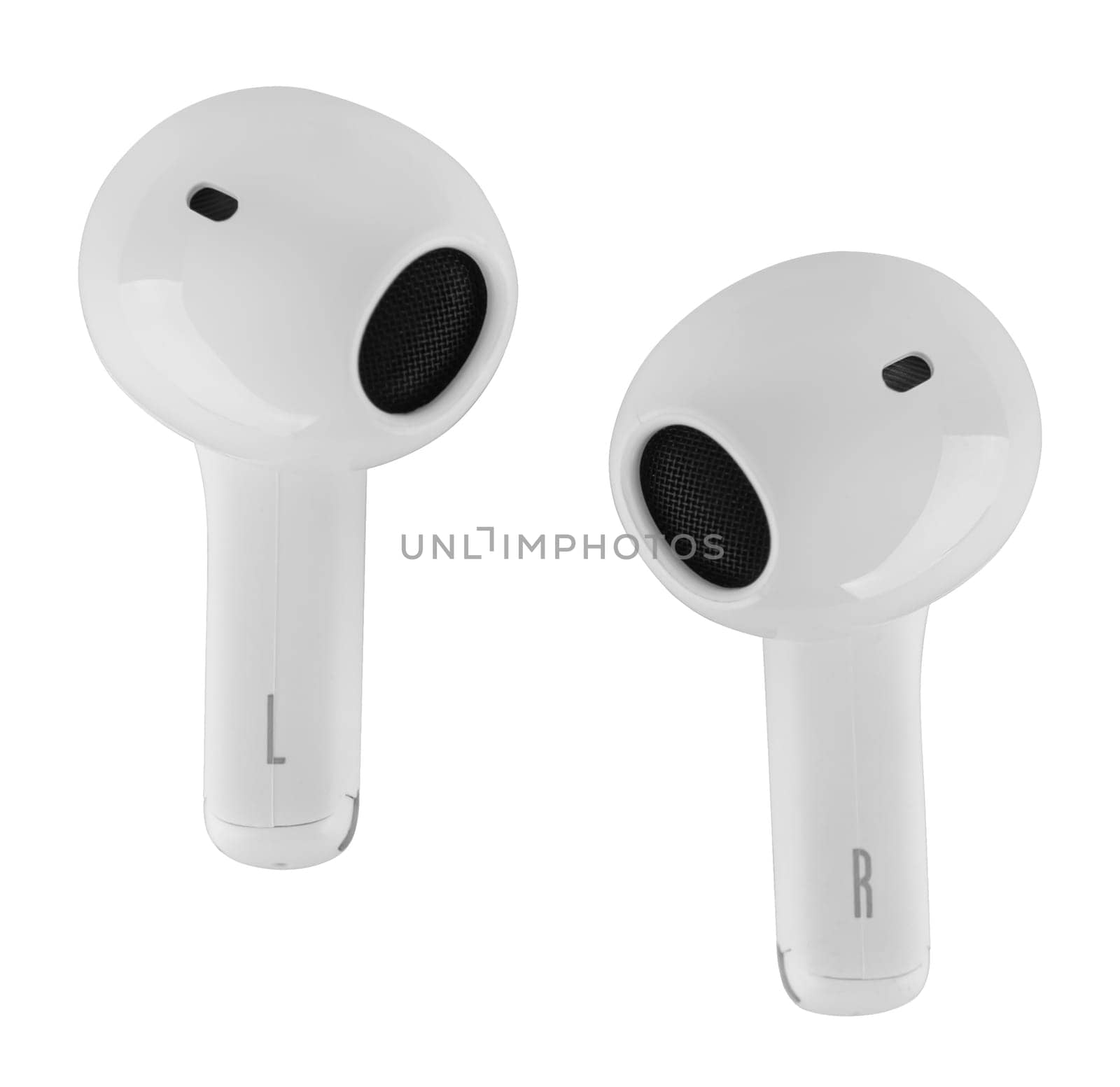 Wireless acoustic headphones, phone accessory, on white background in isolation