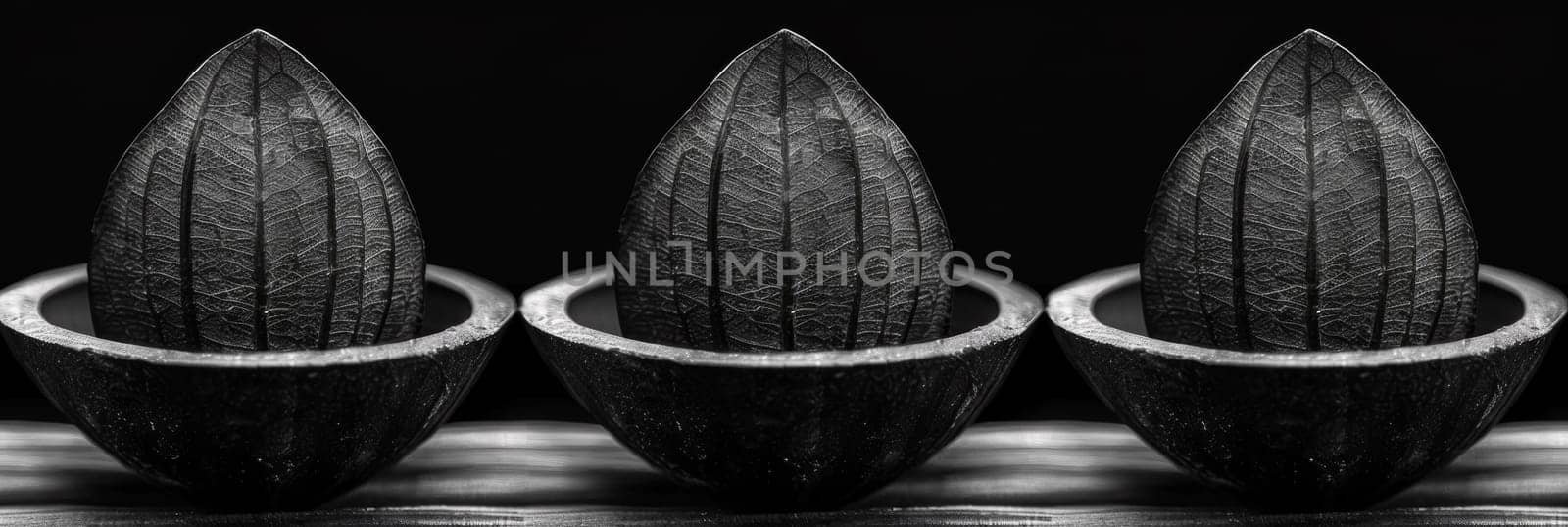 Three black and white photos of three different sized pots, AI by starush