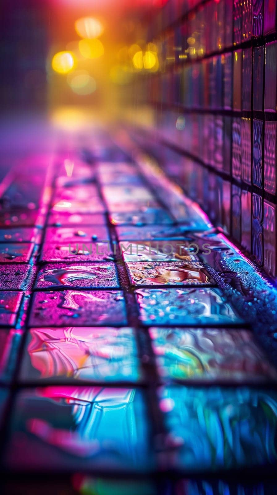 A close up of a colorful tile floor with some lights