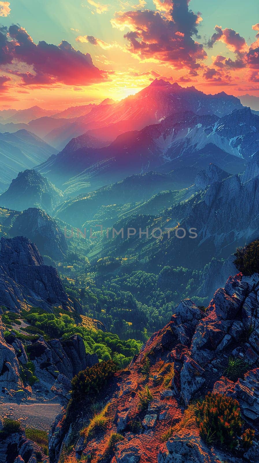 Layers of mountain ranges at sunset by Benzoix