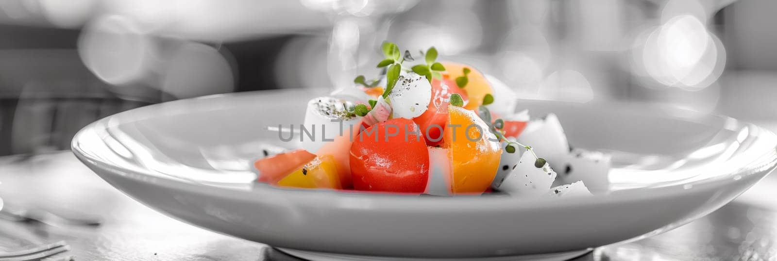 A bowl of food with a garnish on top in the middle, AI by starush