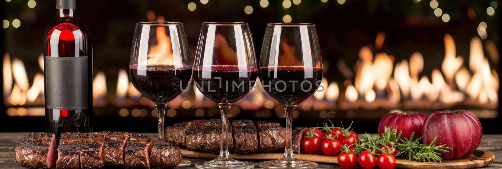 A close up of three glasses filled with wine and a steak, AI by starush