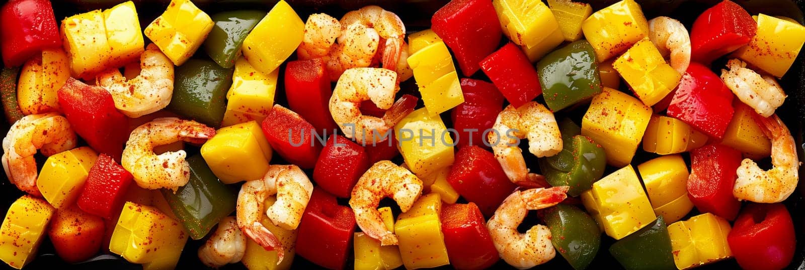 A tray of a bunch of vegetables and shrimp on skewers