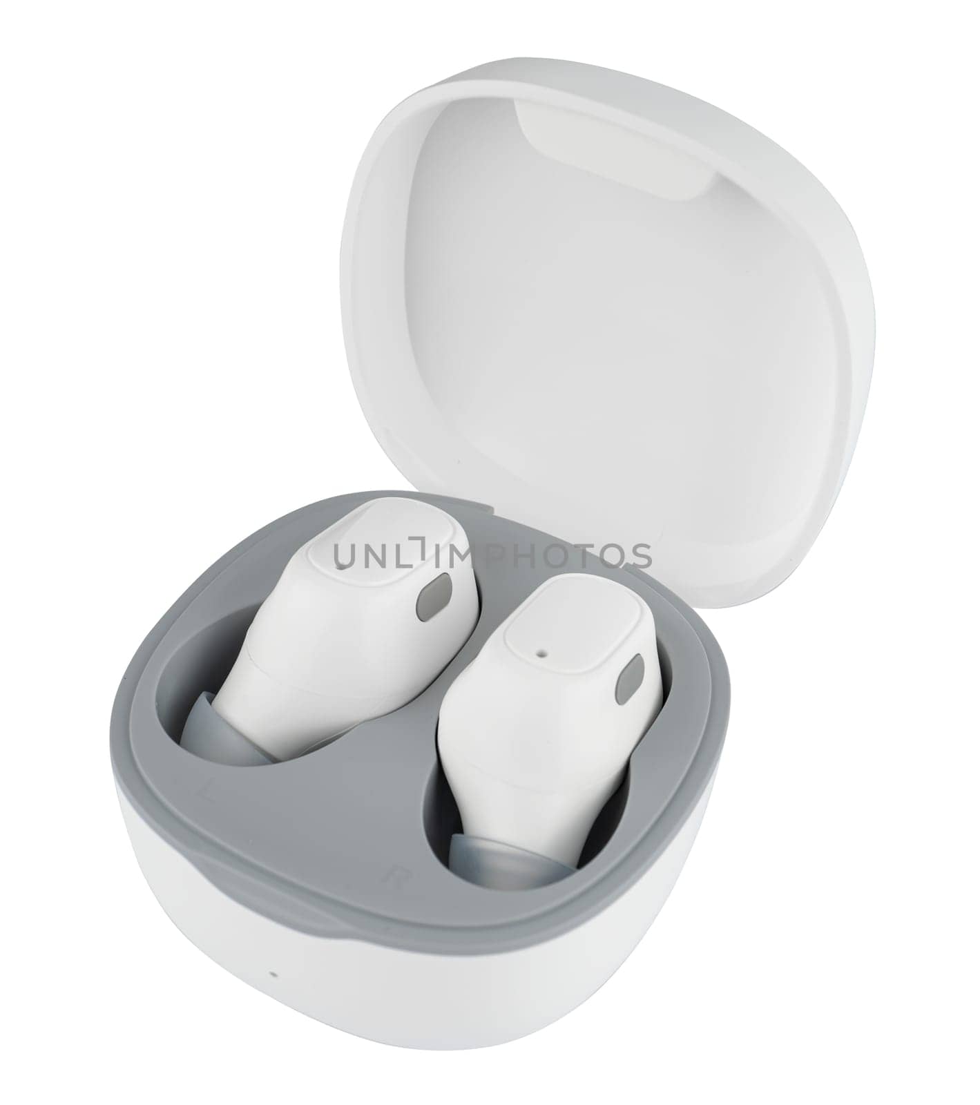 Wireless acoustic headphones, phone accessory, on white background in isolation