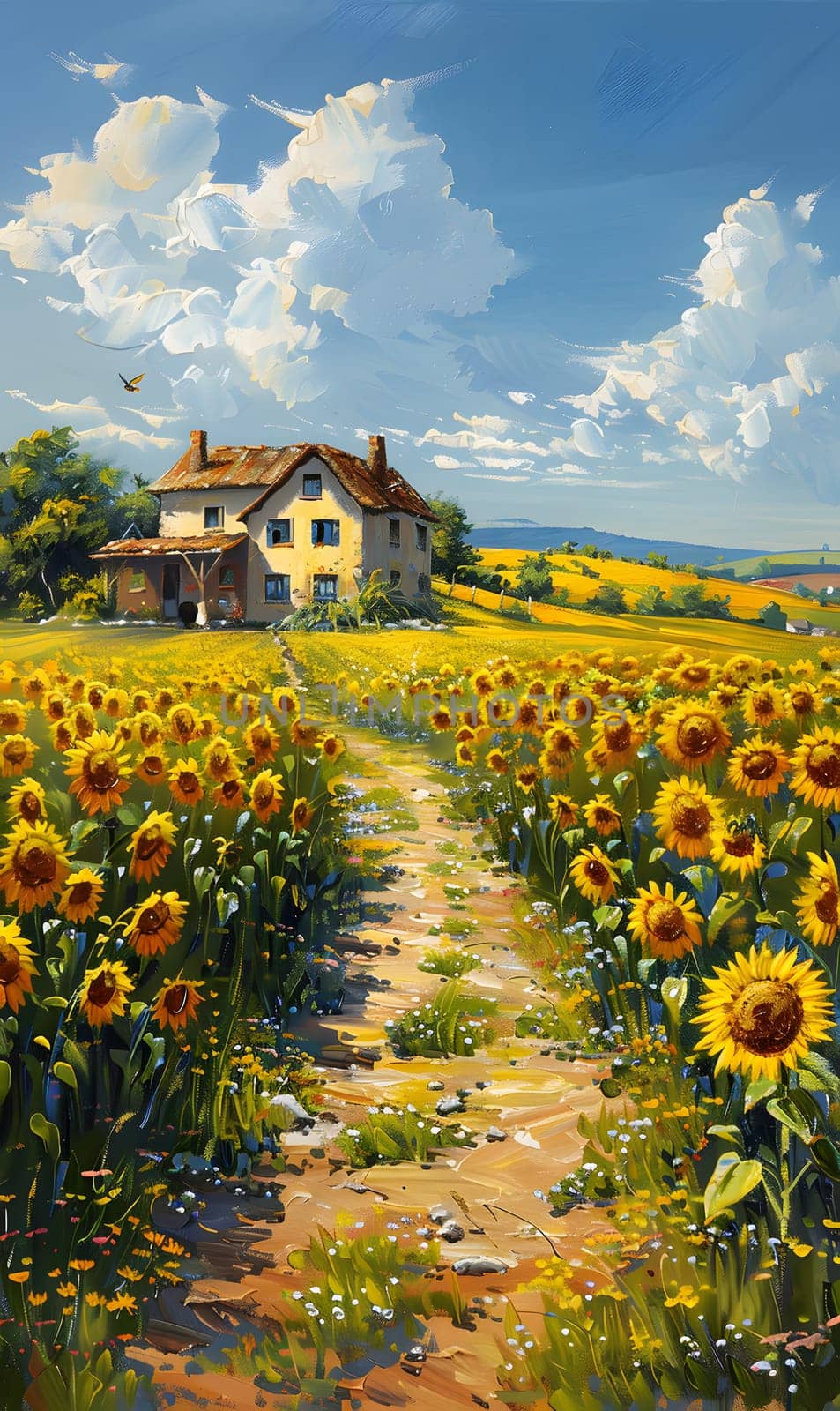 A beautiful painting depicting a house surrounded by sunflowers under a cloudy sky. The natural landscape showcases the harmony between the building and the vibrant plants