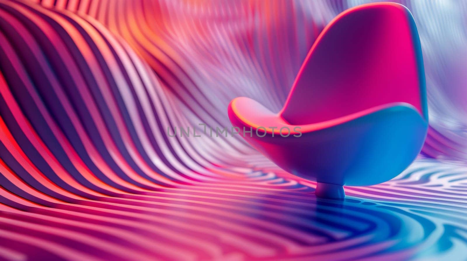 A chair is sitting on a colorful wave patterned background