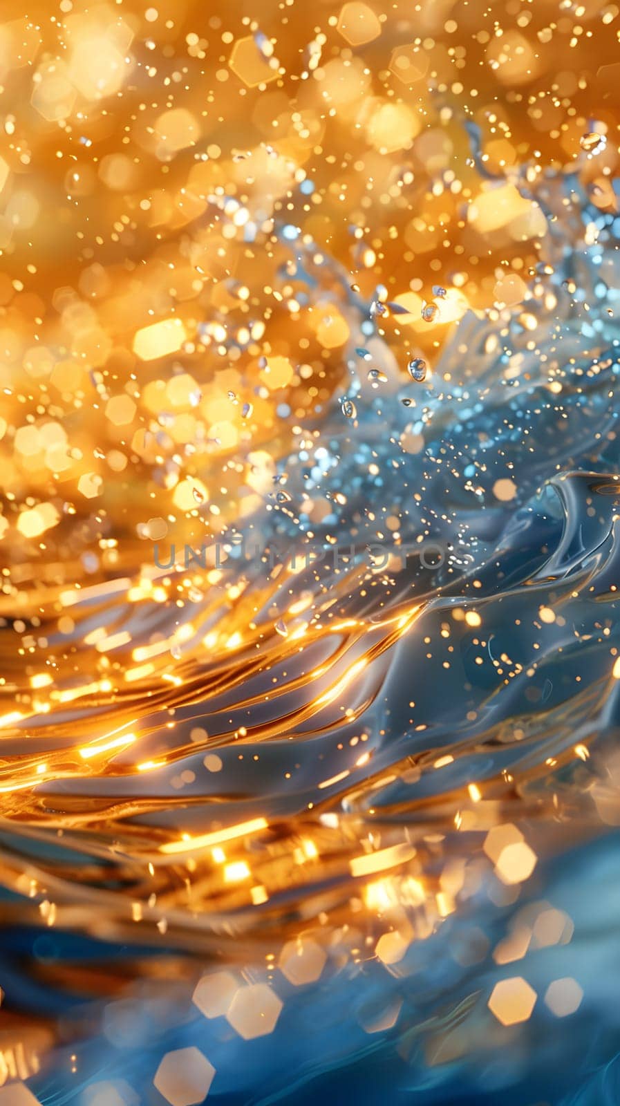 A close up of liquid waves in the ocean with electric blue sparks emerging under the sunlight, creating a beautiful pattern in the water, against a sky and cloud backdrop