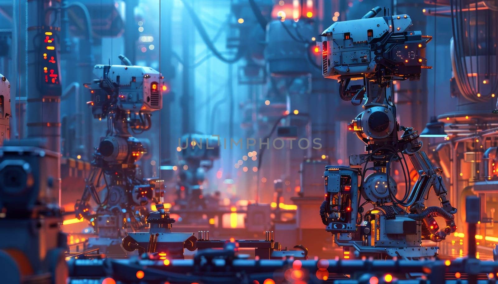 A futuristic cityscape with robots and glowing lights by AI generated image.