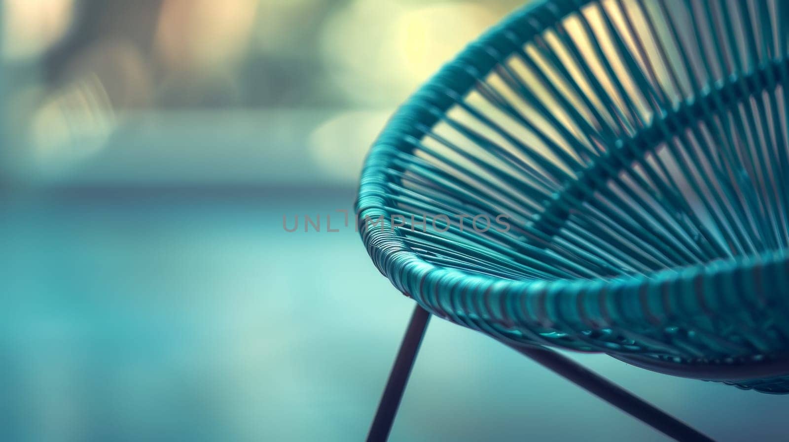 A close up of a chair with blue woven material on it