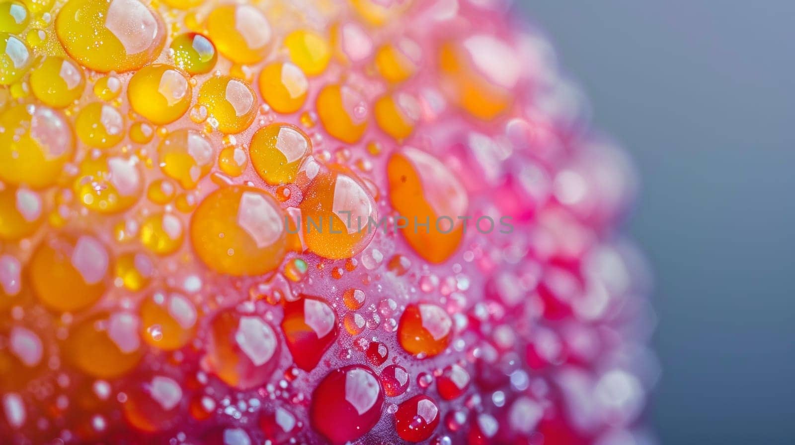 A close up of a colorful fruit with water droplets on it