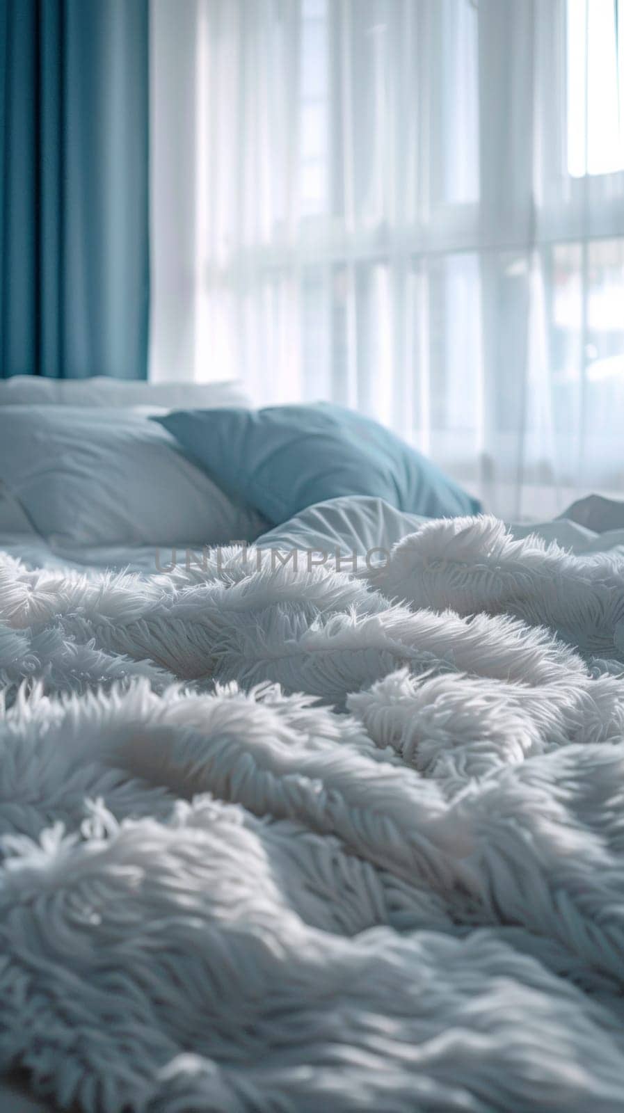 A bed with white sheets and pillows on a sunny day