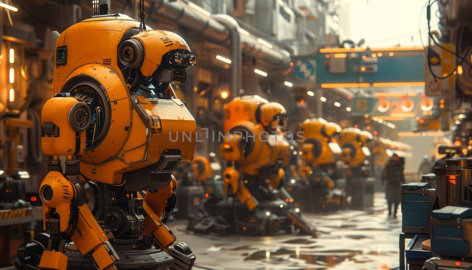 A group of yellow robots are standing in a factory by AI generated image.