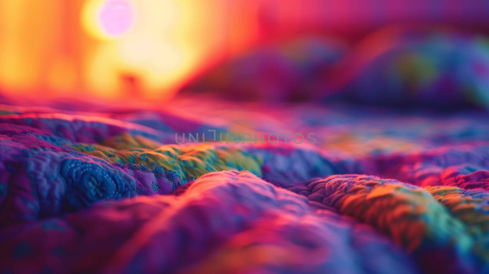 A bed with a colorful blanket and pillows on it