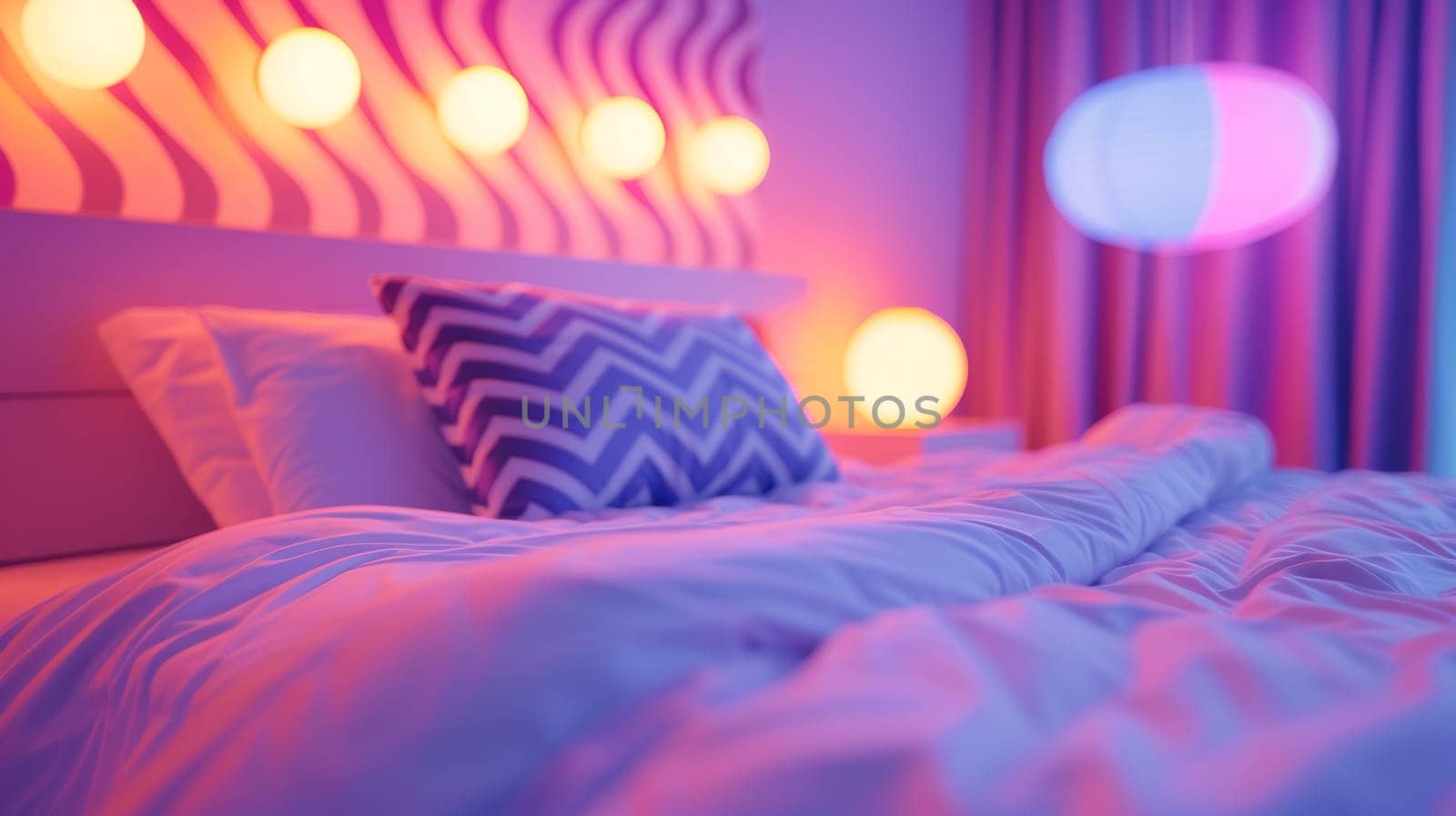 A bed with a chevron patterned pillow and light colored sheets