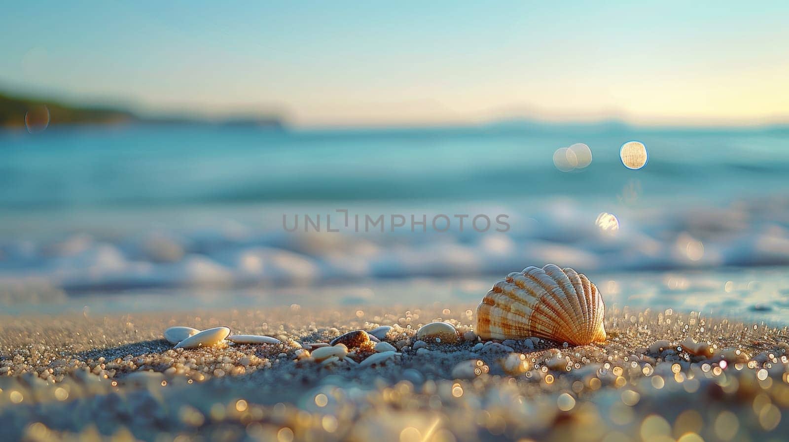 A close up of a seashell on the beach with water in front