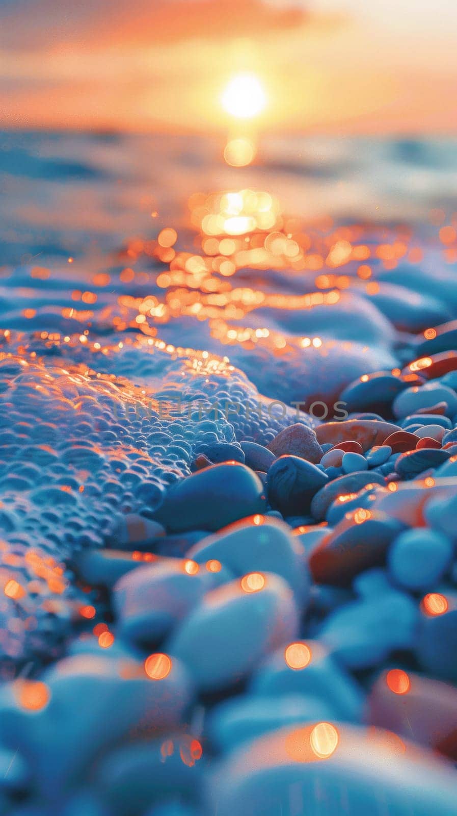 A close up of a sunset over the ocean with pebbles