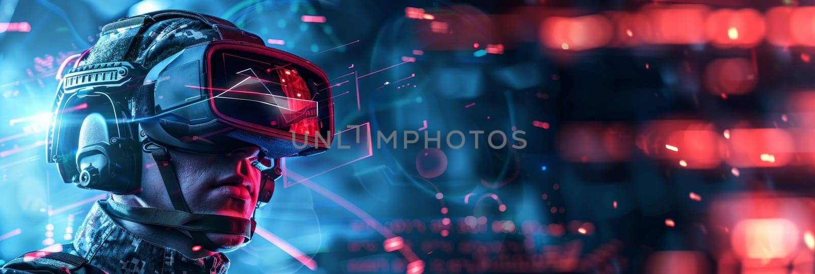 A man wearing a VR headset is looking at a blue background with red sparks by AI generated image.