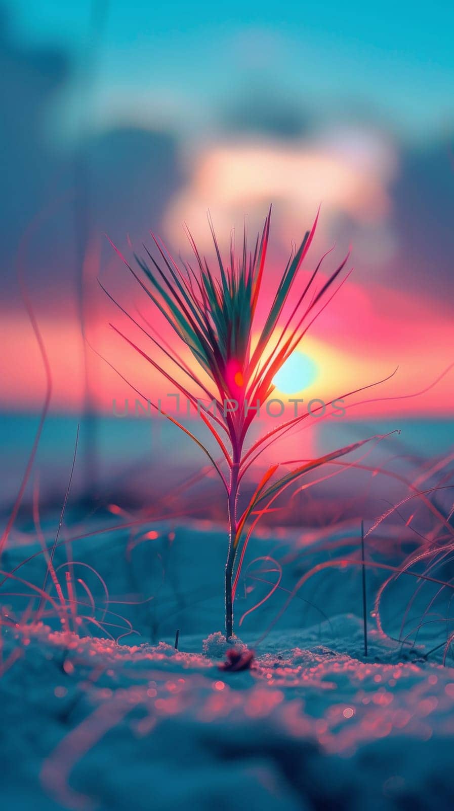 A small plant in the sand with a sunset behind it