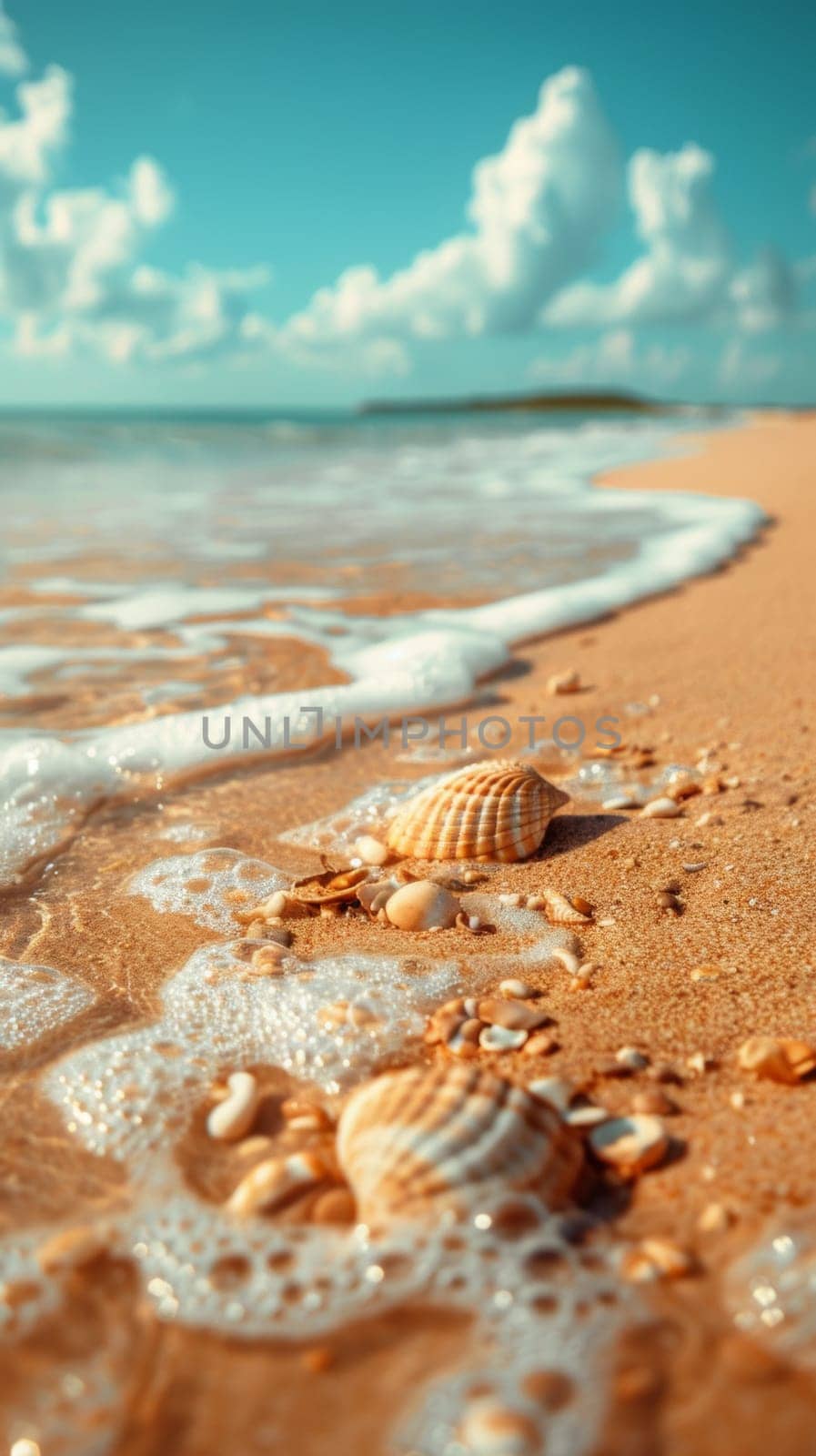 A beach with shells on the sand and waves in the background