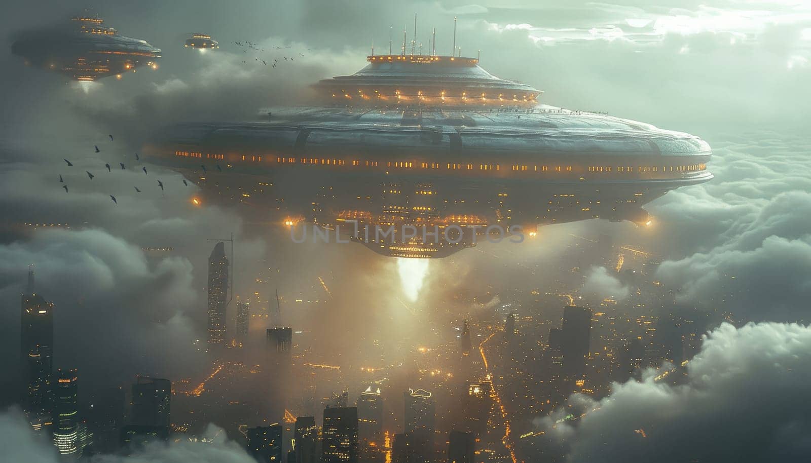 A futuristic city with a large space ship flying over it by AI generated image by wichayada