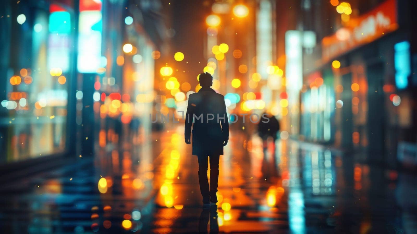A person walking down a city street at night with lights