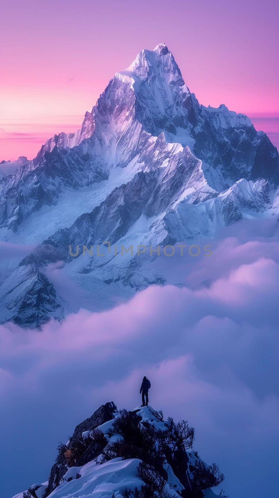 Misty mountain range at dawn, ideal for tranquil and majestic background themes.