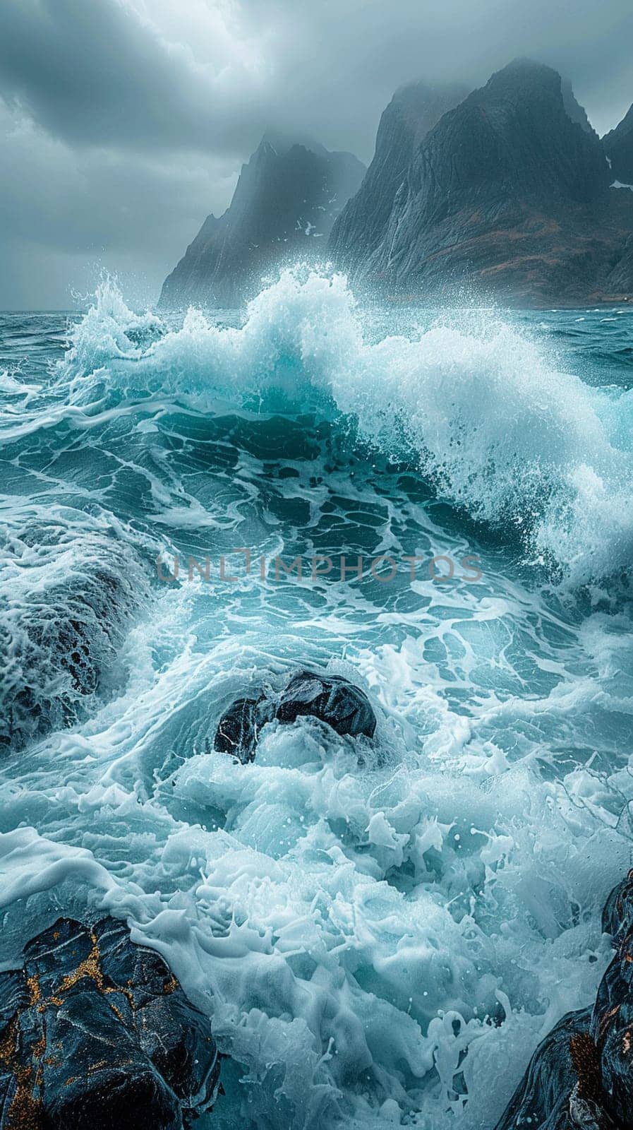 Crashing waves on a rocky coastline under a stormy sky by Benzoix