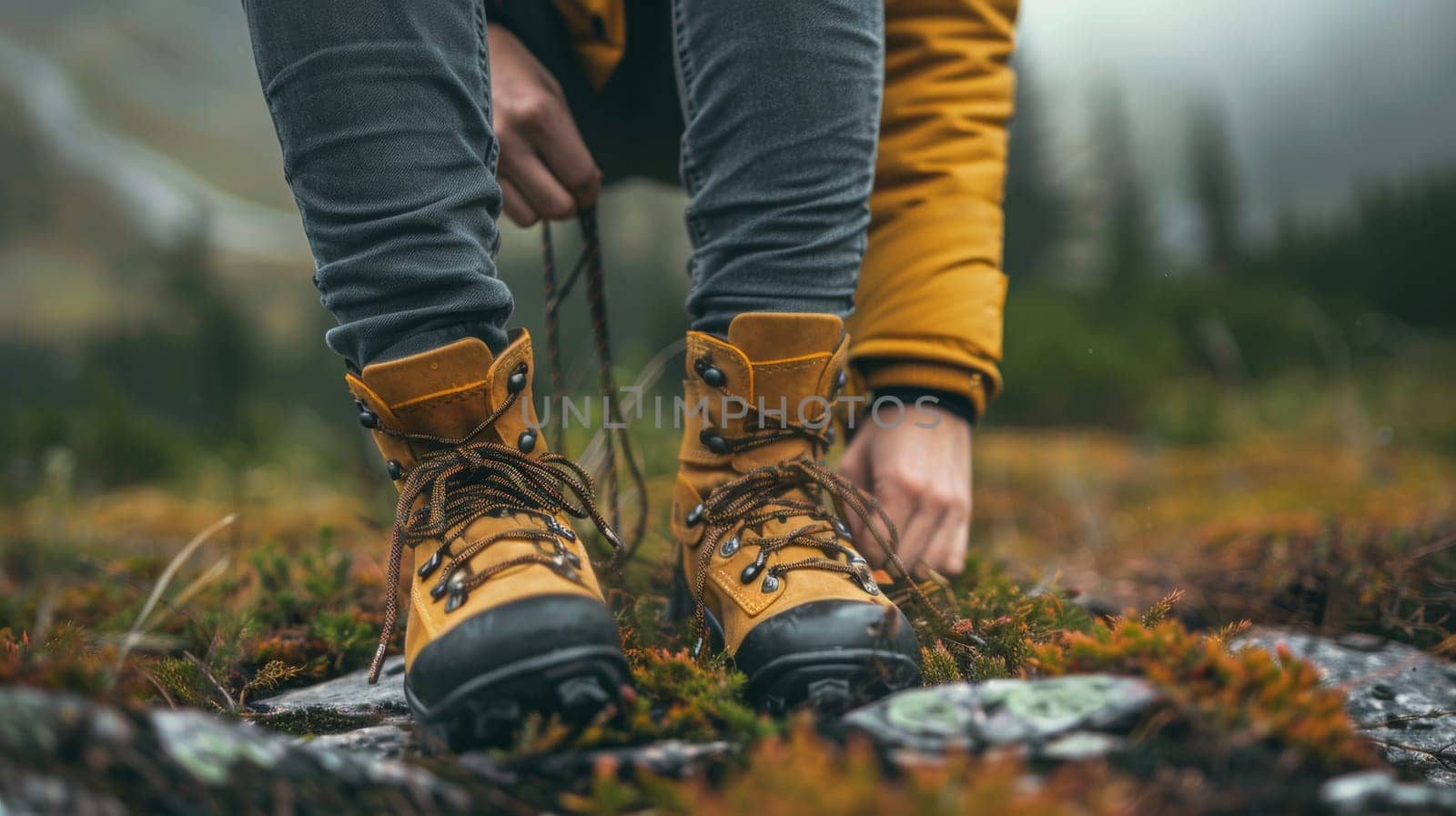 A person in yellow and brown hiking boots tying their shoe