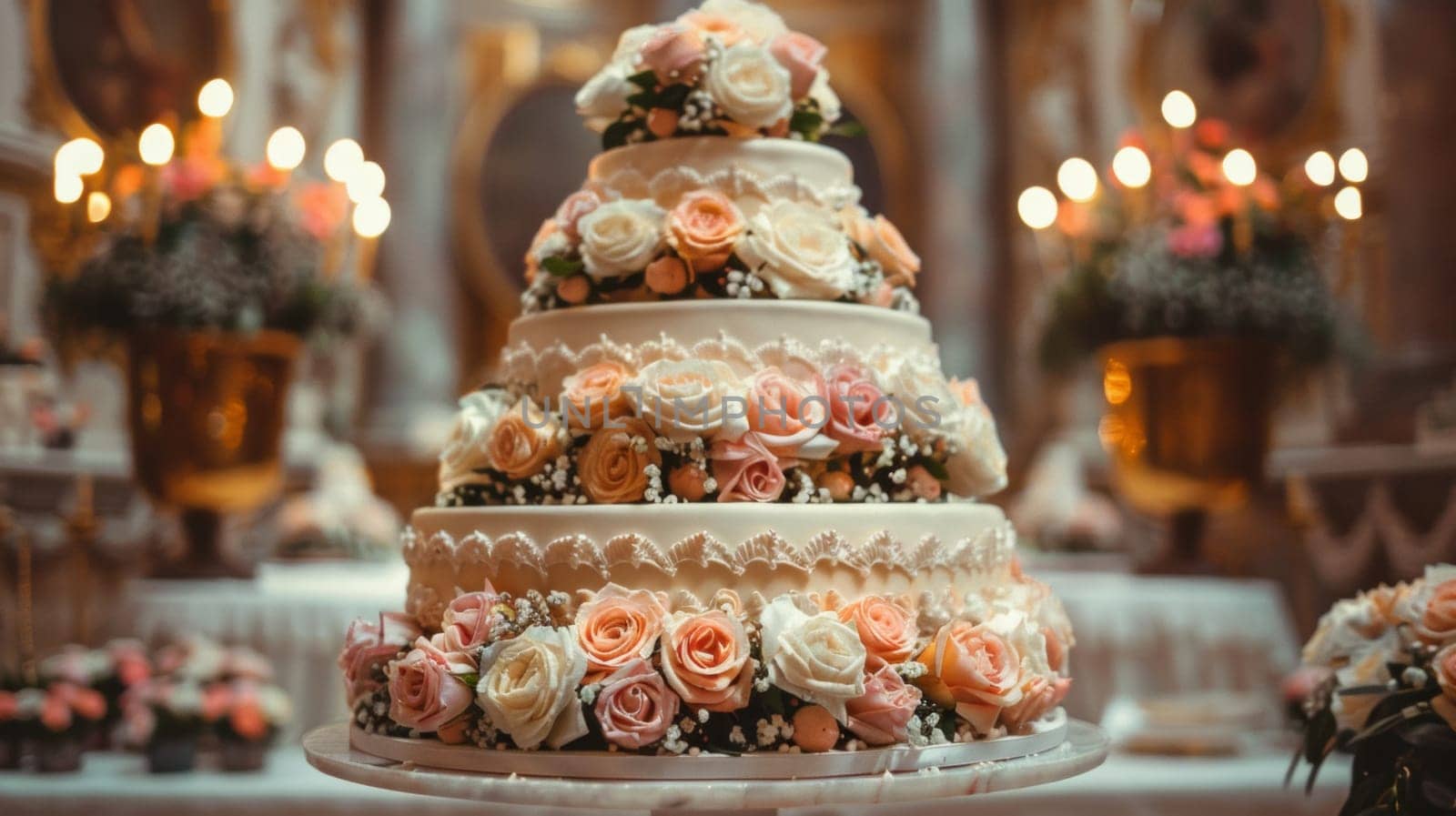 A large wedding cake with many layers of flowers on top