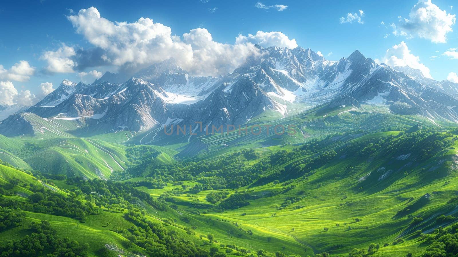 A beautiful view of a mountain range with green grass and snow