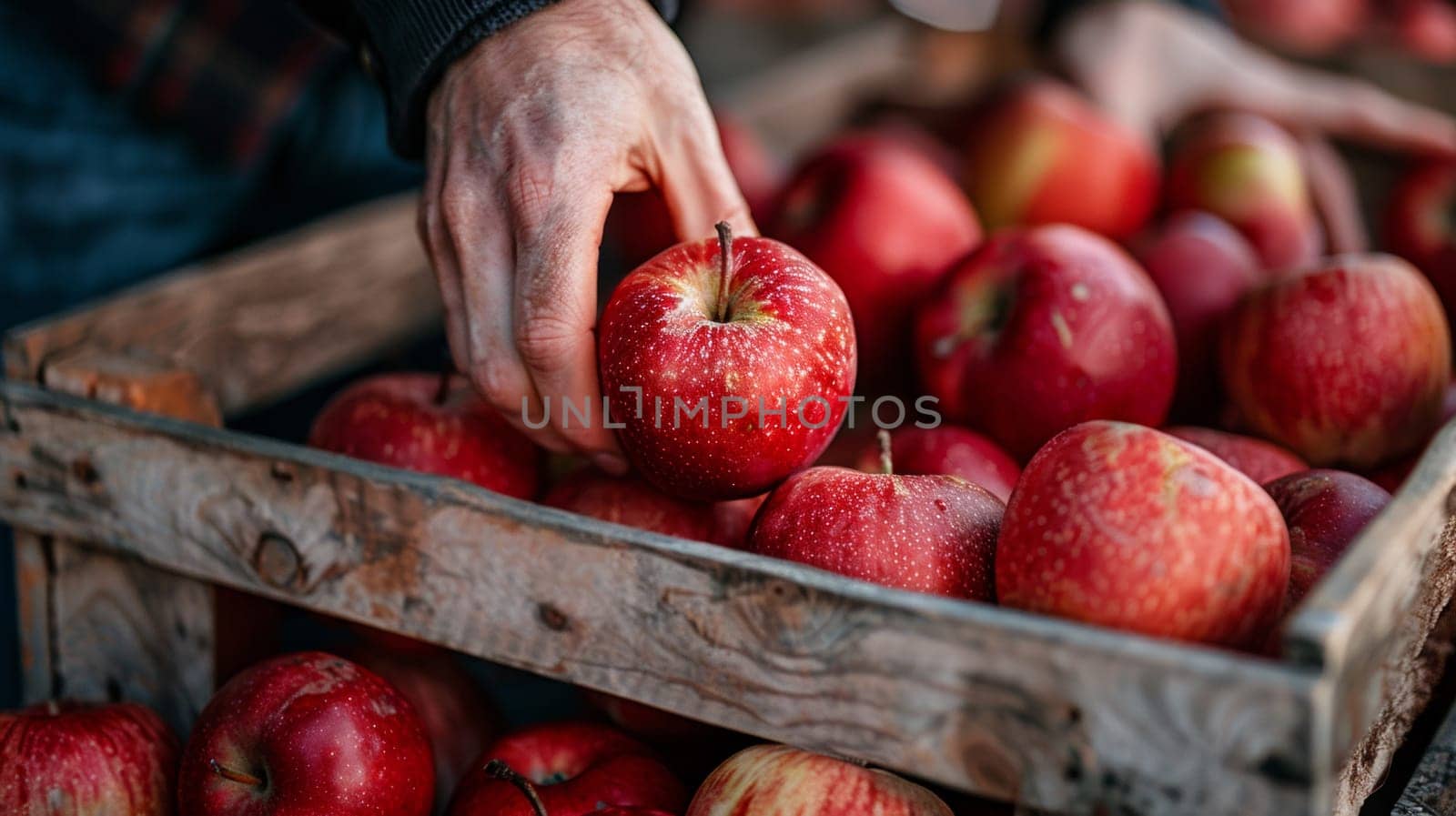 A person picking up a red apple from the wooden crate