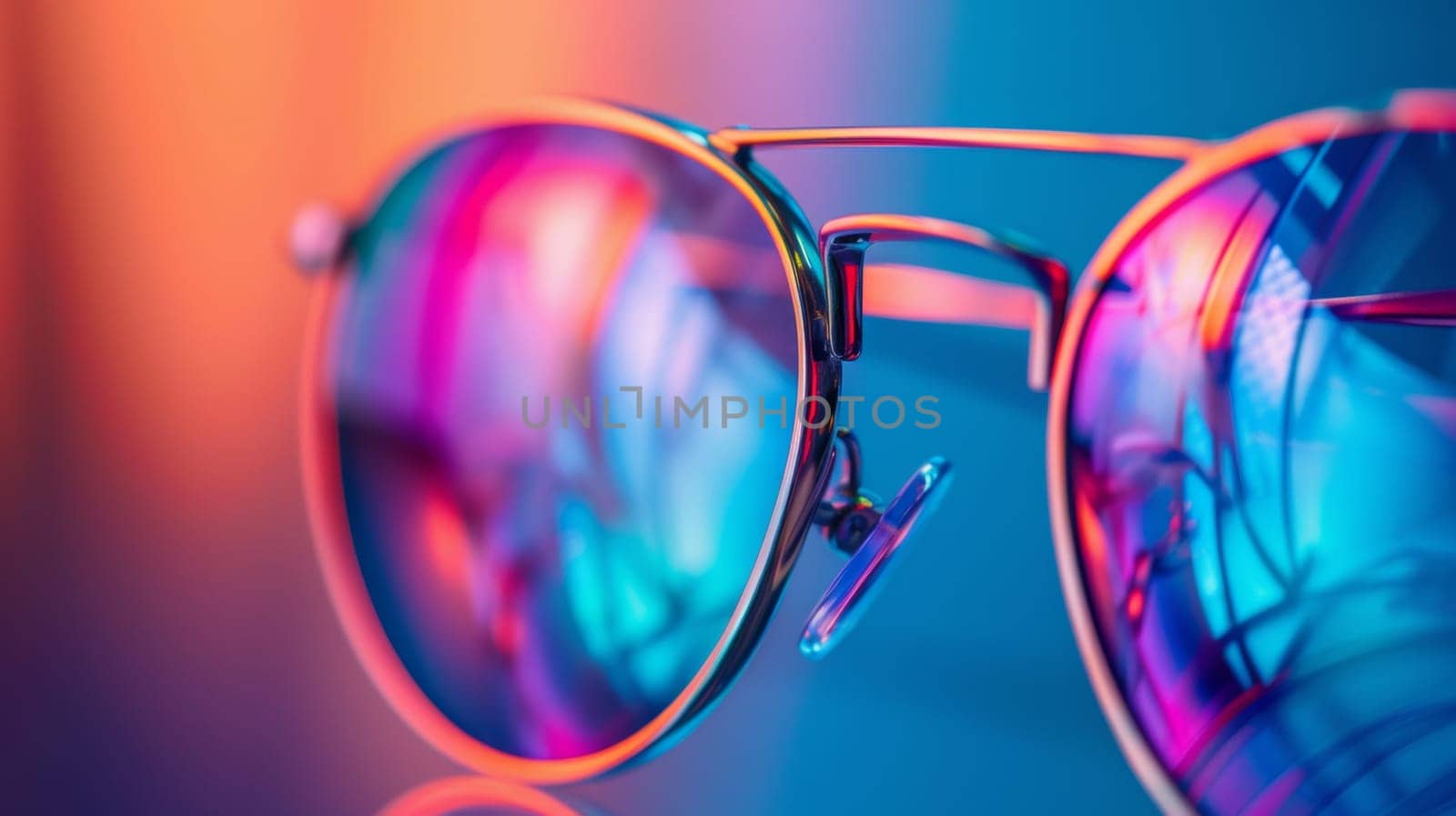 A close up of a pair of sunglasses with colorful reflections