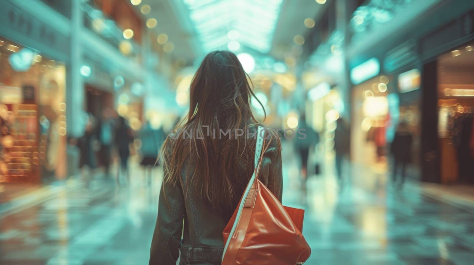 A woman walking down a mall with her handbag in the air