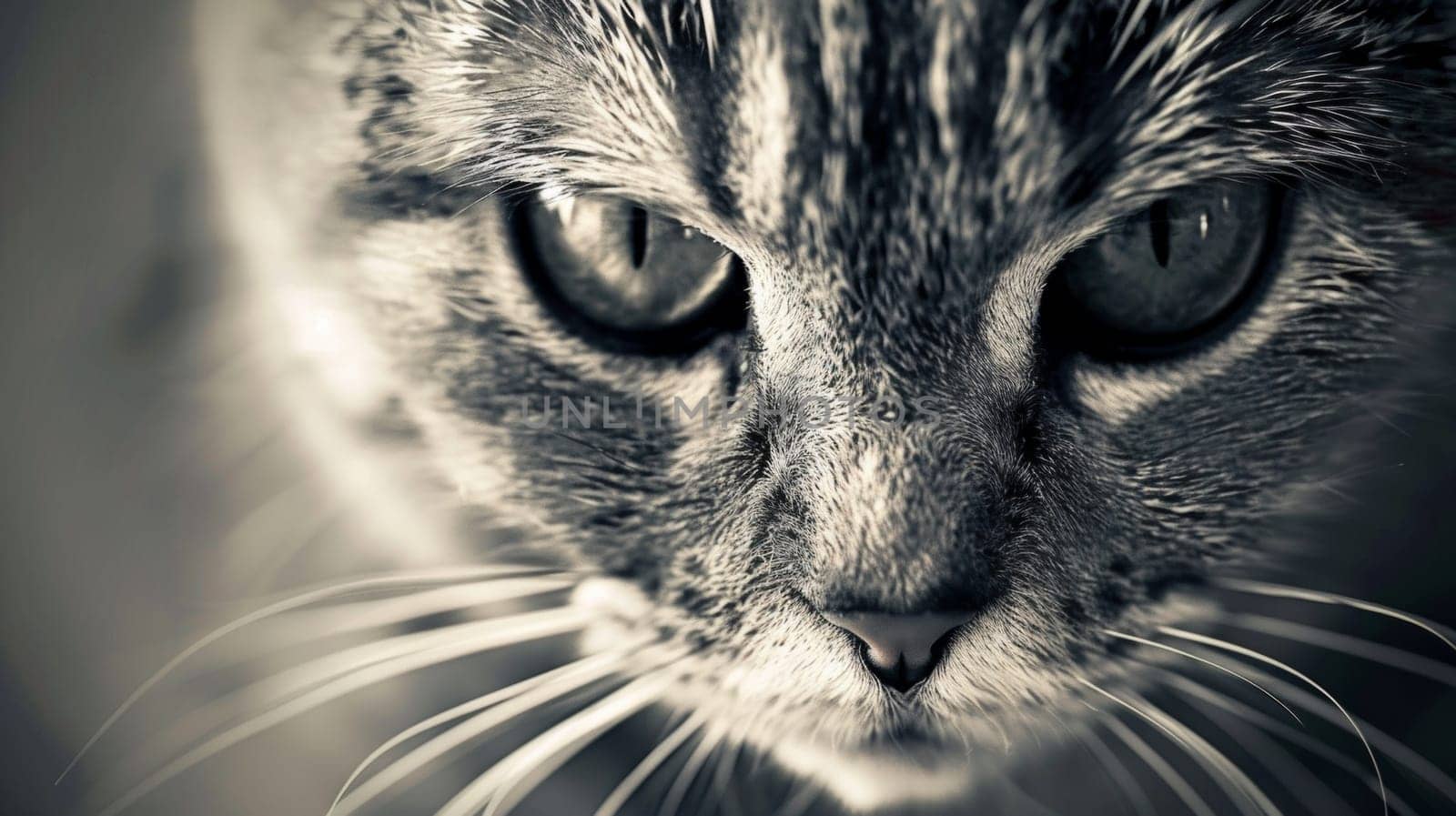 A close up of a cat's face with black and white photo
