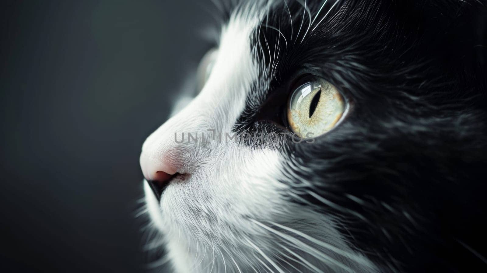 A close up of a black and white cat staring at something