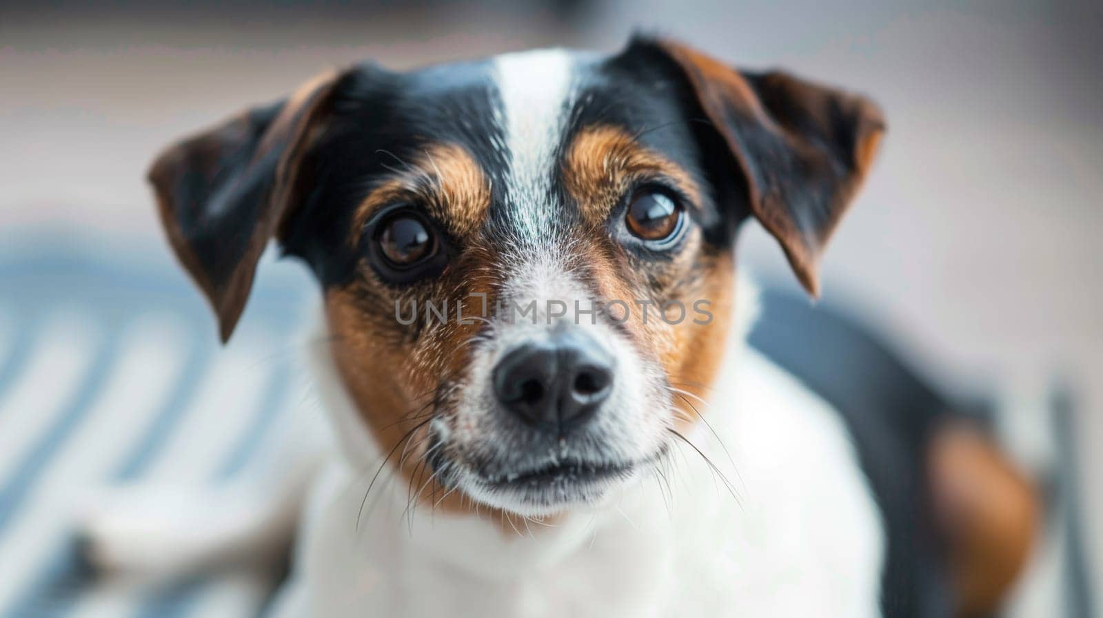 A close up of a dog sitting on the floor looking at something