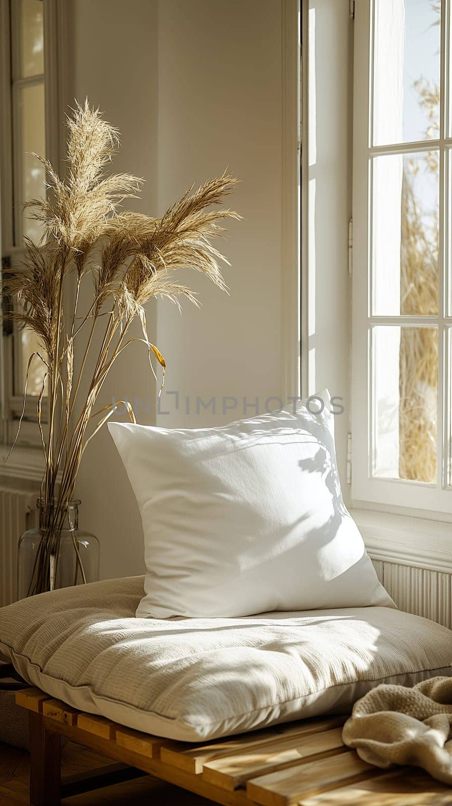 Cozy sunlit corner with cushion and pampas grass by chrisroll