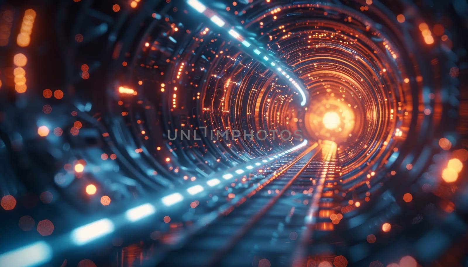 A tunnel with a bright orange light at the end by AI generated image by wichayada
