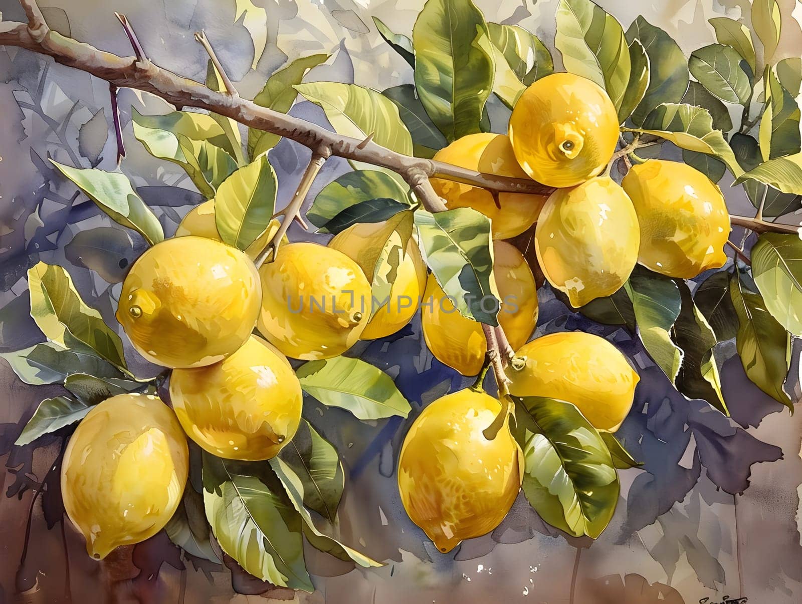 A depiction of ripe lemons hanging from a citrus tree branch, showcasing the natural beauty of this fruitbearing plant