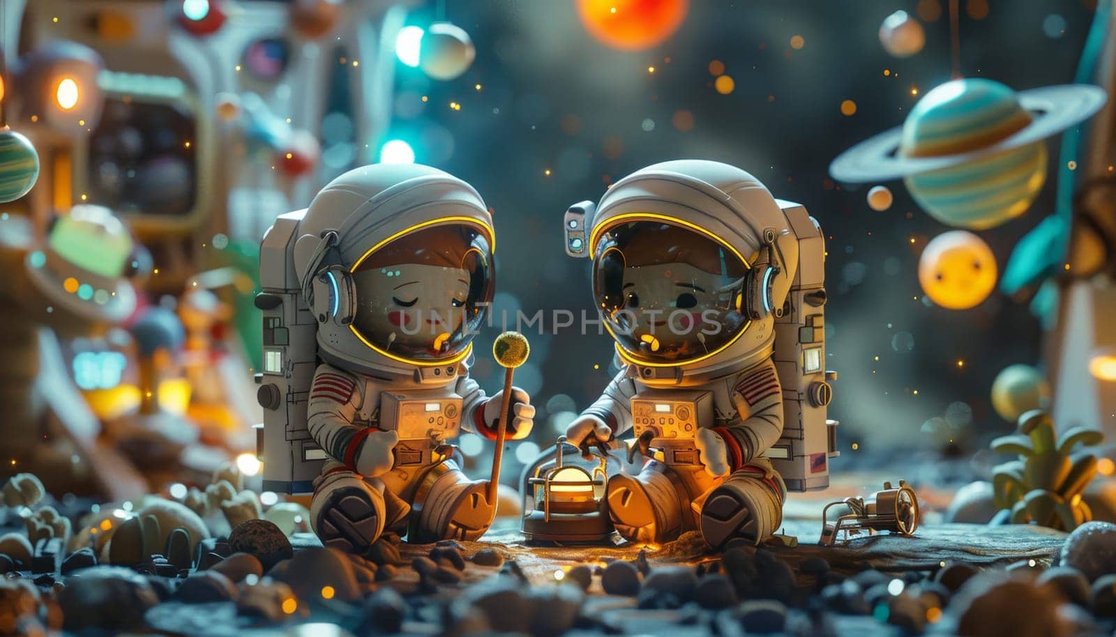 Two astronauts are sitting on a rocky surface by AI generated image.