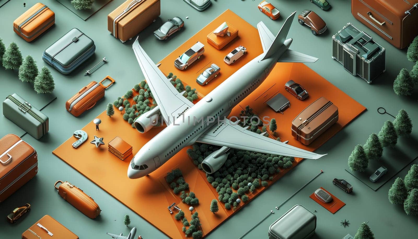 A white airplane is flying over a city with cars and buildings by AI generated image.