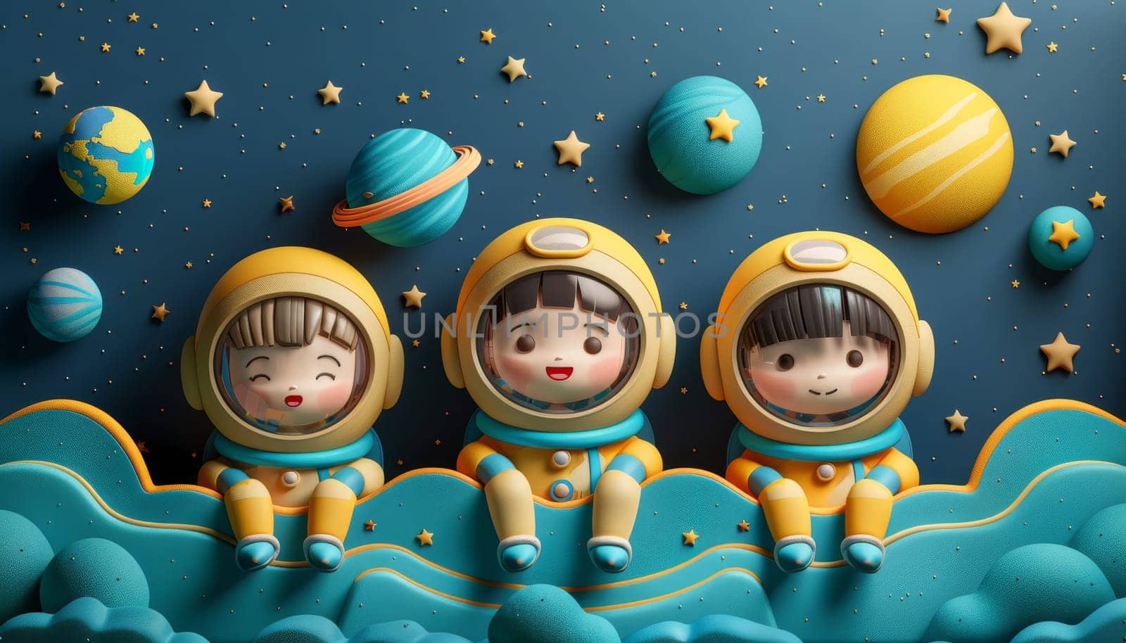 Three little girls in space suits are sitting on a blue cloud by AI generated image.