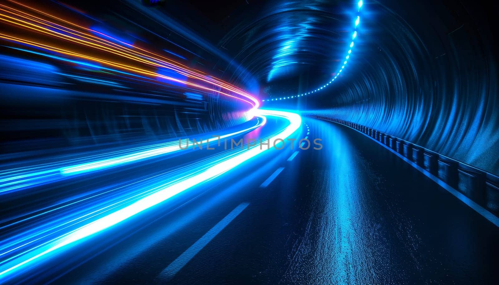 A long, dark road with a bright blue line of light by AI generated image by wichayada