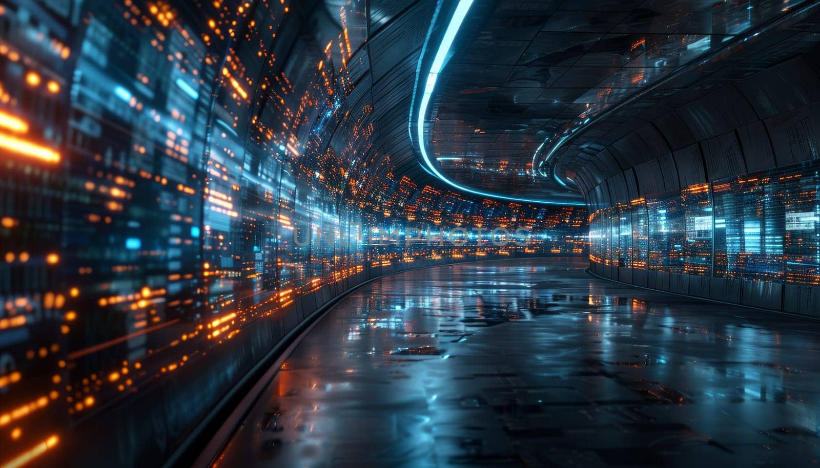 A futuristic tunnel with a blue and orange glow by AI generated image.