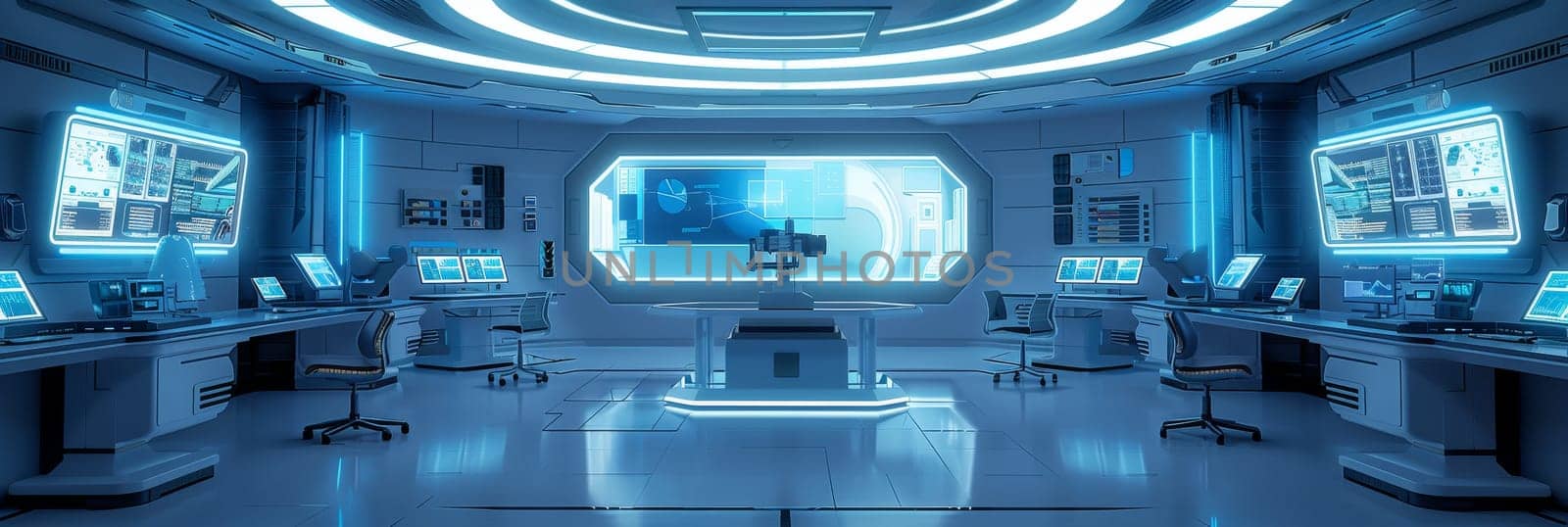 A futuristic room with a large monitor and several computers by AI generated image by wichayada