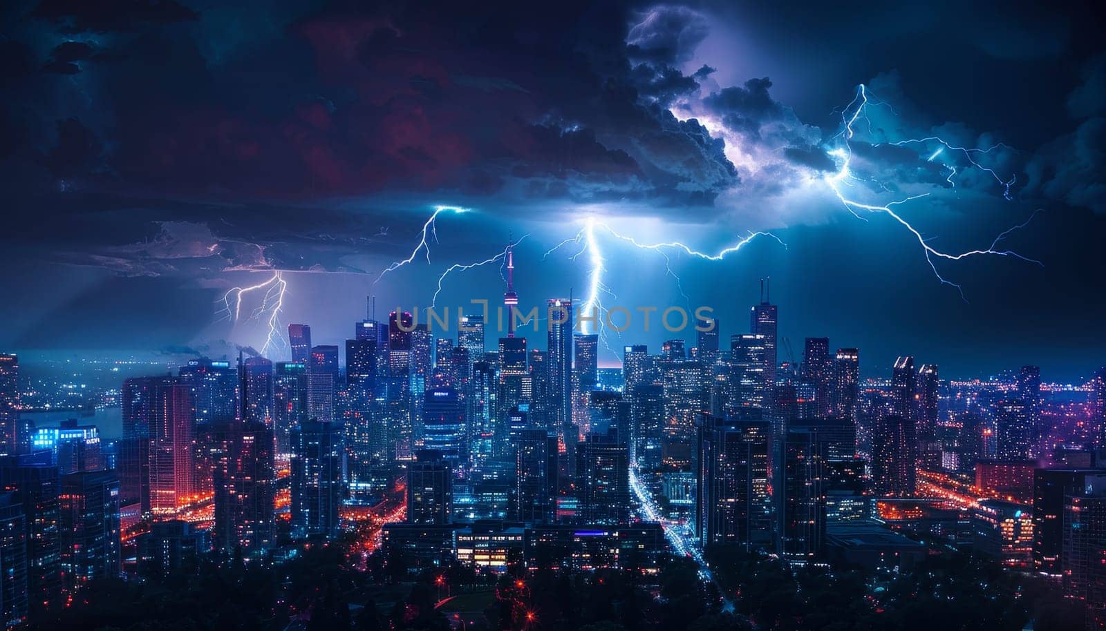 A city skyline is lit up with neon lights and the sky is filled with lightning by AI generated image.