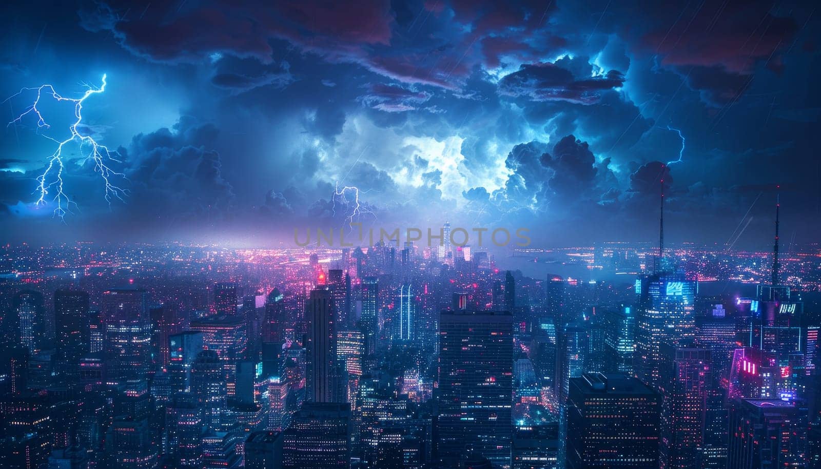 A cityscape with a stormy sky and lightning bolts by AI generated image.