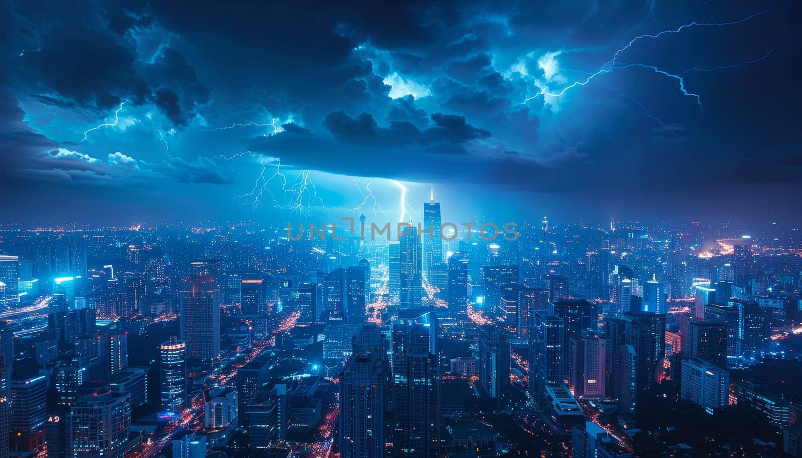 A city skyline is lit up with neon lights and the sky is filled with lightning by AI generated image by wichayada