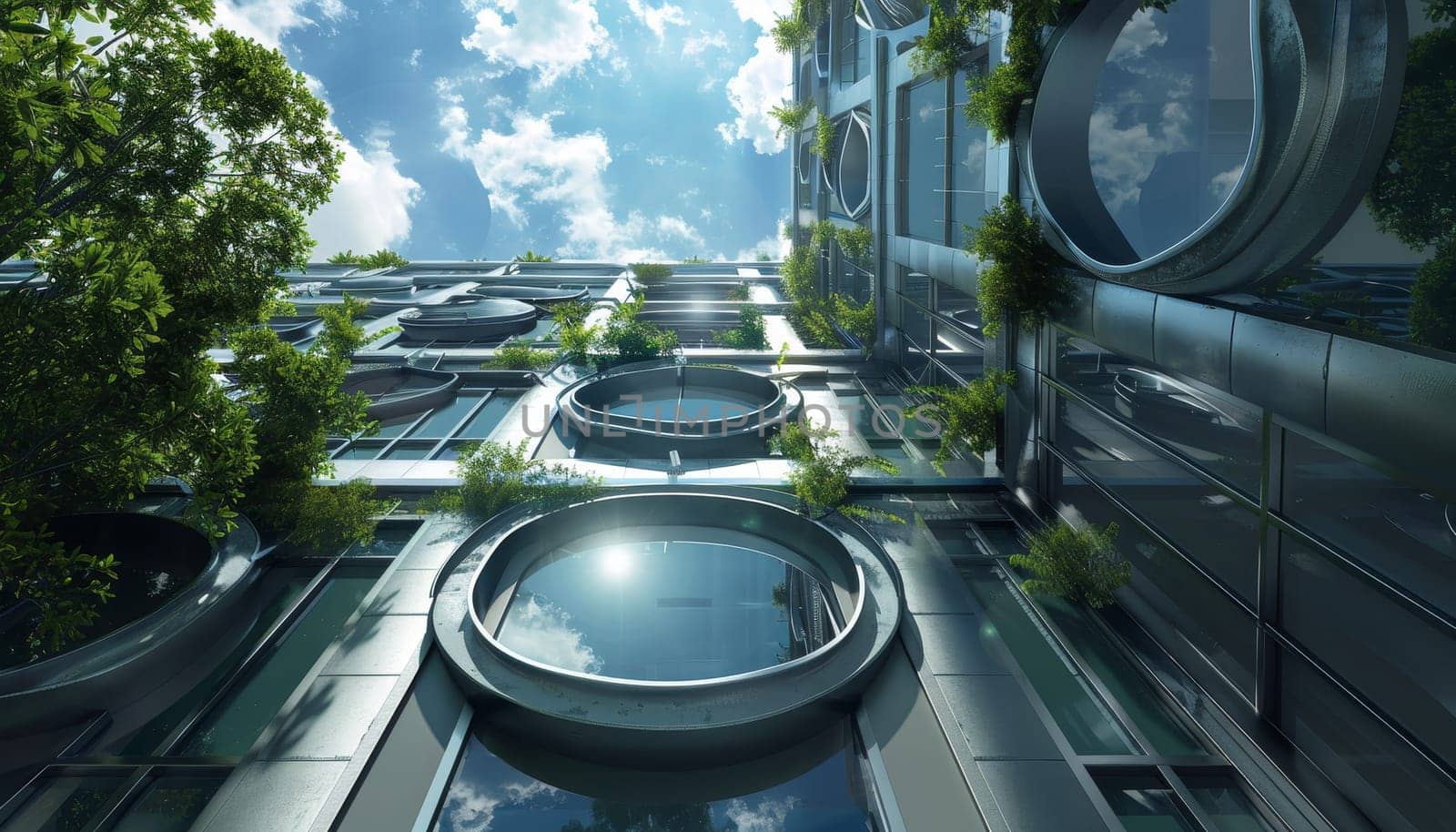 A building with a lot of windows and a green roof by AI generated image by wichayada